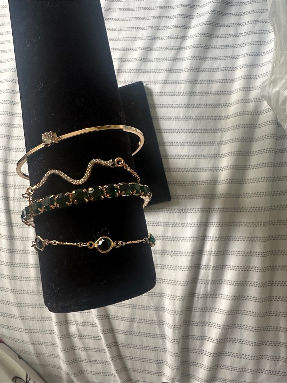 Vintage Gold-Tone Bracelet Stack with Emerald Green Stones